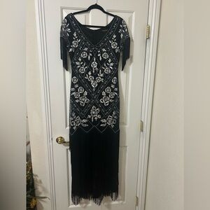 Babeyond Size L, Black, Silver Sequin Beaded Flapper Fringe Long Dress.